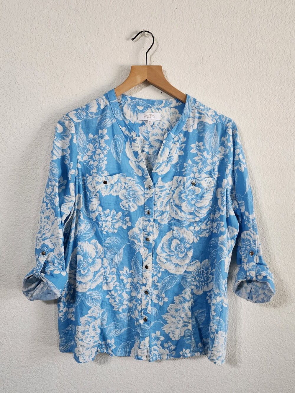 Coral Bay Women's Petite Large Blue White Floral Button Front Linen Blend Blouse